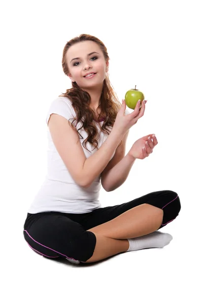 Ung attraktiv kvinna med apple - isolerad på whit — Stockfoto
